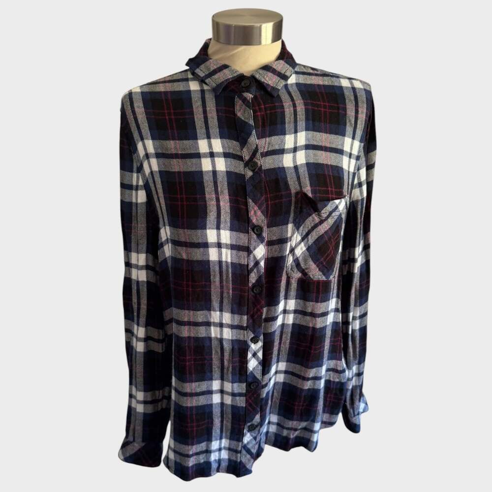 bll BeachLunchLounge Button Front Plaid Shirt Medium Blue White Rayon